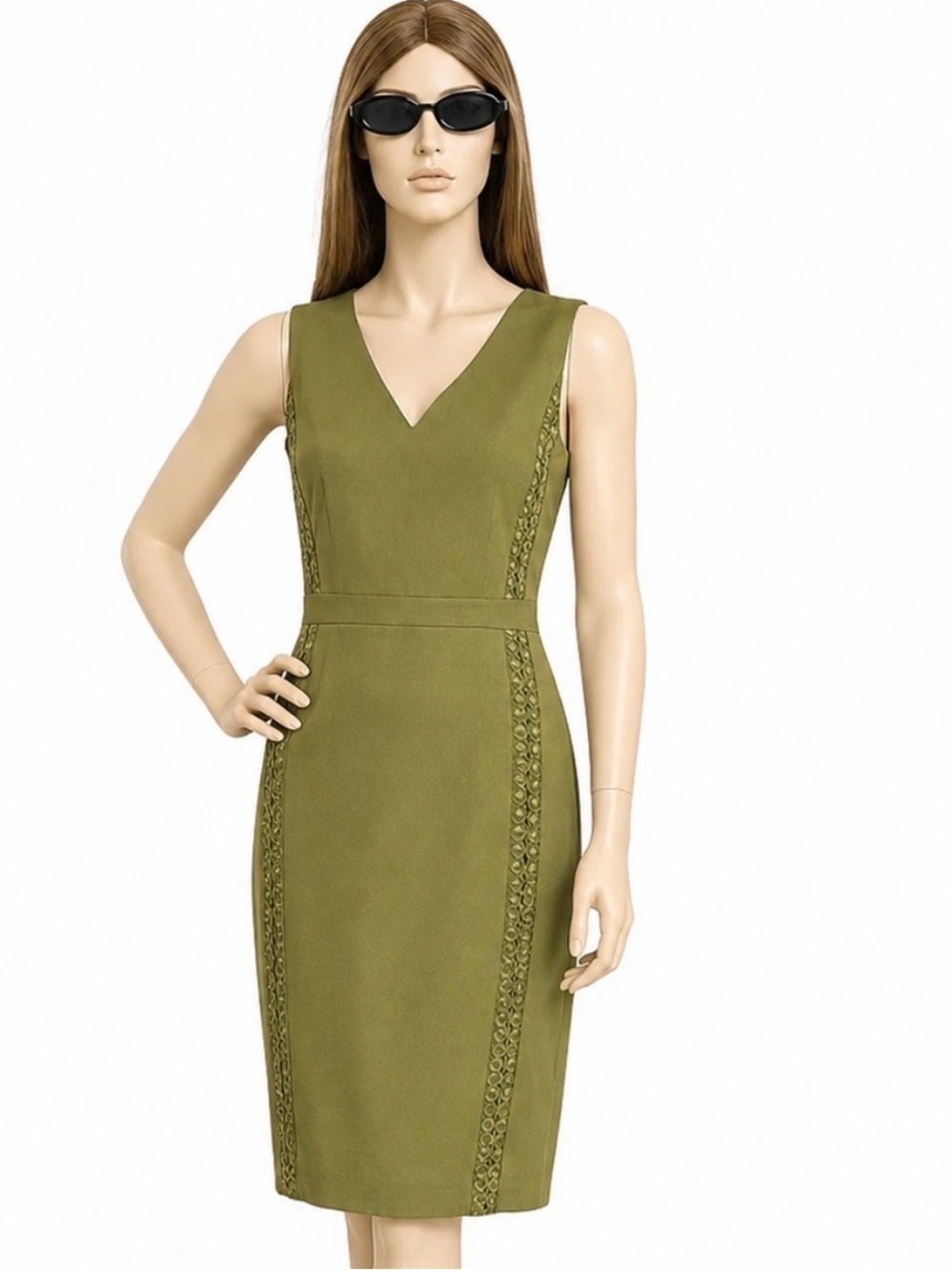 J.Crew Olive Green Eyelet Trim Sheath Dress V-Neck Feminine Chic 8T